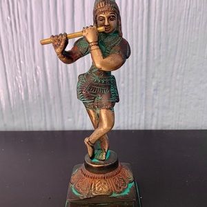 Krishna Standing Lotus Playing Flute Brass Statue
